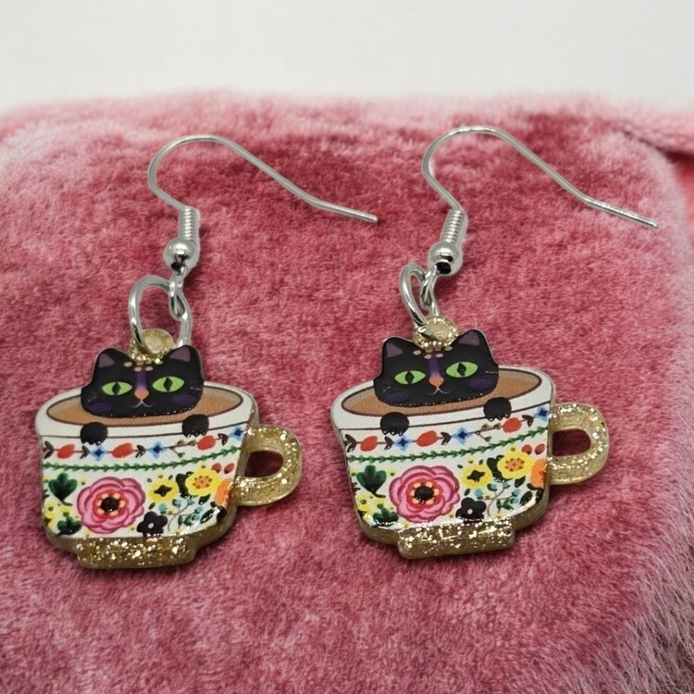 Black Cat Tea Cup Earring Cute Mug Pierced Jewelry Dangle Cat Lady Mom Pet Lover
